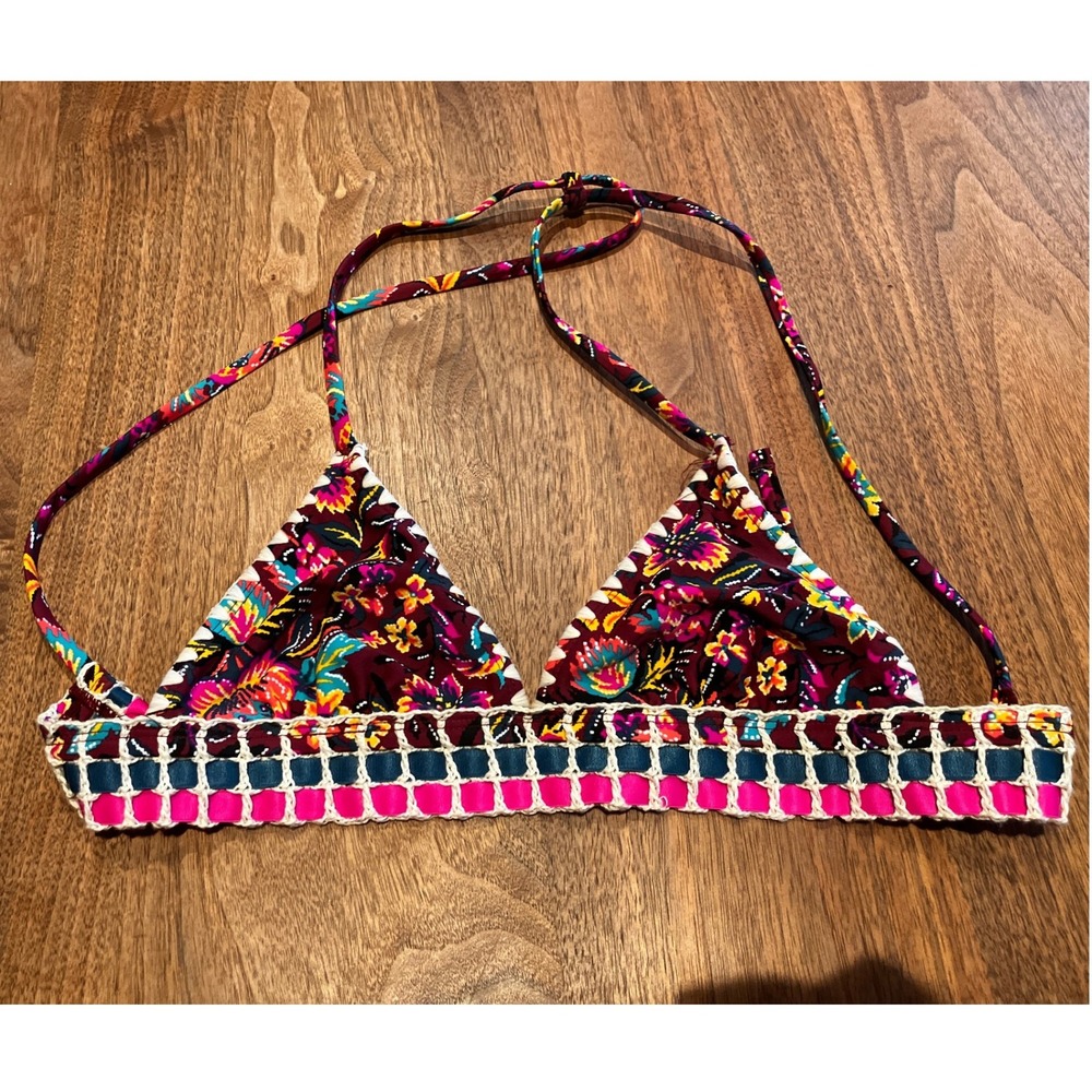 Xhilaration Womens Floral‎ Triangle Bikini Top Crochet Trim Burgundy XS